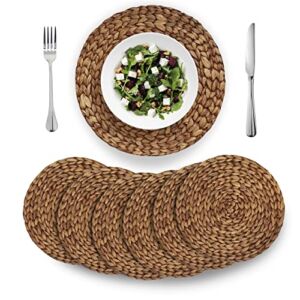 (4 Sizes: 12″-13″-14″-15″) BARIEN Brown Woven Placemats Round Set of 6, Natural Water Hyacinth Weave Placemat for Dining Table, Large Handmade Woven Placemats Heat Resistant Non-Slip (13″ – Set of 6)
