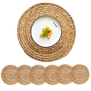 CY SISTERS Round Placemats Set of 6 Rattan Placemats Woven Placemats 13.5 Inch Natural Hyacinth Wicker Placemats Farmhouse Boho Circle Braided Heat Resistant Outdoor Placemats Patio Table Place Mats