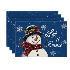 Artoid Mode Blue Snowman Let It Snow Winter Placemats Set of 4, 12×18 Inch Seasonal Christmas Holiday Table Mats for Party Kitchen Dining Decoration