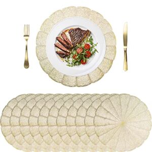 ZOOFOX 12 Pack Placemats, Gold Pressed Vinyl Table Mats with Hollow Out Design, No-Slip Heat Resistant Round Mats for Dining Table Kitchen Decor Party Wedding Accent Centerpiece, 15 Inch