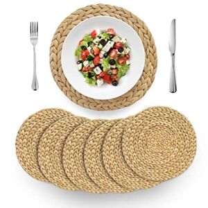 (4 Sizes: 12″-13″-14″-15″) BARIEN Woven Placemats Round Set of 6, Natural Water Hyacinth Weave Placemat for Dining Table, Large Handmade Woven Placemats Heat Resistant Non-Slip (12″ – Set of 6)