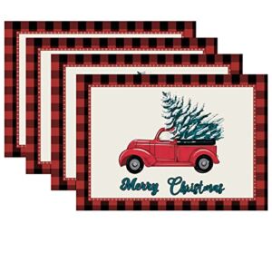 Set of 4 Christmas Truck with Xmas Trees Placemat for Dining Table, Red Black Buffalo Plaid Table Mats,Linen Christmas Placemats for Christmas Holiday Party Table Home Decoration,12.6 × 17.72 inch