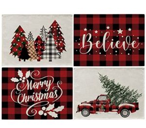 Christmas Placemats Merry Christmas Tree Truck Buffalo Plaid Table Mats Winter Xmas Home Kitchen Table Decor 12 x 16 Inch Set of 4