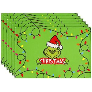 Whaline 6Pcs Christmas Green Cartoon Placemats 12 x 18 Inch Funny Animated Character Colorful Lights Pattern Xmas Place Mats Waterproof Linen Dinner Mats for Christmas Home Party Table Decor