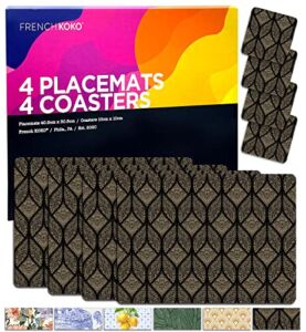 French KOKO Rectangular Cork Placemats for Dining Table, Set of 4 Placemats + 4 Coasters Place Mats Matts for Kitchen Rectangle Hard Wood Placemat Pretty Elegant Heat Resistant Black Modern Minimalist