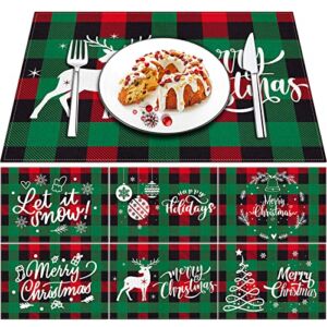 V-Opitos Set of 6 Christmas Placemats, 12 * 18 Inch Green, Red & Black Buffalo Plaid Cotton & Burlap Place Mats for Dinner, Easy to Clean, Heat-Resistant and Waterproof Table Mats for Xmas Party