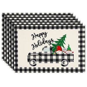 Whaline 6 Pack Christmas Placemats Black White Buffalo Plaid Truck Gnome Tree Table Place Mats Xmas Happy Holiday Waterproof Linen Dinner Mats for Xmas Home Kitchen Decoration Supplies, 12 x 18 Inch
