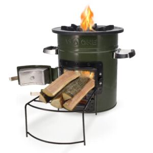 GasOne Rocket Stove – Premium Wood Burning Stove Camping – Insulated Camping Rocket Stove for Backpacking, Hiking, RV and Survival – Barrel Stove Kit with Silicone Handles – Military Green
