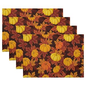 Fall Placemats Set of 4,Autumn Orange Pumpkin Maple Leaf Table Mats 18″x 12″ for Harvest Thanksgiving Day,Heat-Resisting Non Slip Linen Burlap Place Mats for Kitchen Dining Table Decor