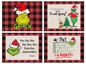 SharkBliss Red and Black Buffalo Plaid Grinch Merry Grinchmas Christmas Placemats for Dining Table, 12 x 18 Inch Seasonal Winter Xmas Holiday Rustic Vintage Washable Table Mats Set of 4