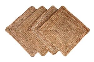 GLAMBURG Jute Braided Placemats Set of 4 Reversible, 100% Jute, Nonslip 13×13 Square Farmhouse Vintage Jute Placemats for Dining Table, Perfect for Indoor Outdoor, Natural