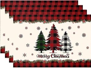 Merry Christmas Tree Snowflake Red Black Buffalo Plaid Placemat for Dining Table, 12 x 18 Inch Seasonal Winter Xmas Holiday Rustic Vintage Thanksgiving Washable Table Mats Set of 4
