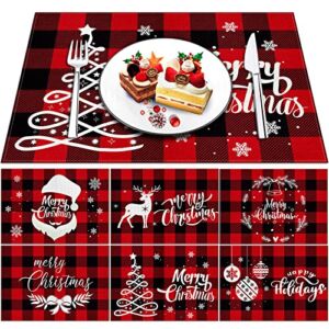 V-Opitos Set of 6 Christmas Placemats, 12 * 18 Inch Red & Black Buffalo Plaid Cotton & Burlap Place Mats for Dinner, Easy to Clean, Heat-Resistant and Waterproof Table Mats for Xmas Party