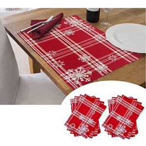 Kovot Set of 8 Winter Snowflake Placemats | Christmas Holiday Table Decor | Red & White with Foil Accents Snowflake Place Mats