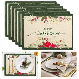Whaline 6Pcs Christmas Burlap Placemats Poinsettia Flowers Table Mats Double-Layer Waterproof Xmas Placemat 12 x 18 Inch Heat Resistant Table Mats for Christmas Home Kitchen Decoration Supplies
