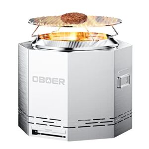 Obqer Firo Smokeless Fire Pit, 19.5 Inch 304 Stainless Steel Wood Burning Smokeless Firepit, Portable Outdoor Firepit with Grilling & Carrying Bag & Auxiliary Tool for Backyard, Patio, Beach (Silver)