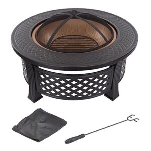 Fire Pit Set, Wood Burning Pit – Includes Spark Screen and Log Poker – Great for Outdoor and Patio, 32” Round Metal Firepit by Pure Garden