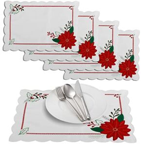 OWENIE Christmas Placemats Set of 4, Embroidered Holiday Christmas Poinsettia White Table Mats for Dining Table , Holiday Table Top Decorations with Red and Green Applique ( White, 13″x19″ )