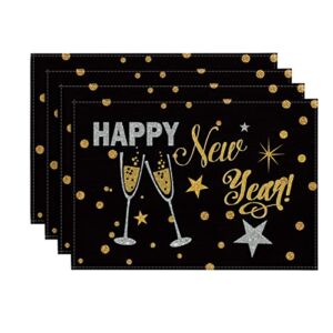 Artoid Mode Cheers Black and Gold 2023 Happy New Year Placemats Set of 4, 12×18 Inch Xmas Winter Holiday Table Mats for Party Kitchen Dining Decoration