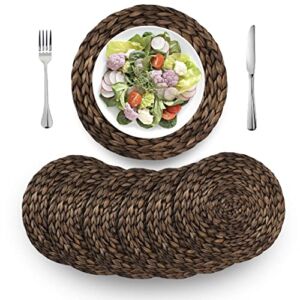 (3 Sizes: 12″-13″-14″) BARIEN Rustic Woven Placemats Round Set of 6, Natural Water Hyacinth Weave Placemat for Dining Table, Large Handmade Woven Placemats Heat Resistant Non-Slip (12″ – Set of 6)