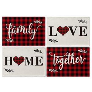 Artoid Mode Christmas Placemats for Dining Table Red Buffalo Plaid Love Home Family Together , 12 x 18 Inch Winter Valentine’s Day Holiday Washable Table Mat Set of 4
