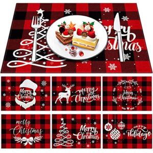 Christmas Placemats, Set of 6 Table Mats for Dining Tables, 12 × 18 Inches Red Black Check Linen Washable Table Placemats, Non-Slip Heat Resistant Christmas Decoration, Kitchen Holiday Table Mats