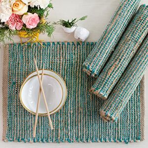Chardin home | Natural Jute Placemats Set of 4 | 13×19 Inch. Rustic Farmhouse Place mats | Table mats Colors – Natural Jute and Aqua Turquoise