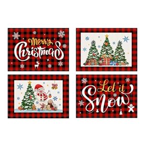 Christmas Placemats Set of 4, Farmhouse Christmas Decorations, Rustic Red Check Place Mats 12×18 Inch for Dining Table Decorations, Red Washable Burlap Table Placemats for Kitchen Decor Dinner Indoor
