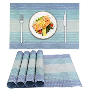 Placemats Set of 4 for Dining Table,Washable Heat Resistant Non-Slip PVC Vinyl Woven Kitchen Table Place Mats for Home Kitchen Restaurant Christmas Party Decoration (#Blue, 4)