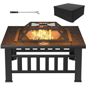 Tuoze 32-inch Fire Pits Outdoor Patio Metal Multifunctional Firepit Table with Waterproof Cover for Camping Bonfire Party Picnic BBQ Backyard Garden Outside Heating,black