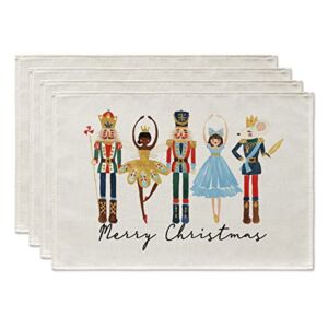 Artoid Mode Watercolor Nutcrackers Xmas Balls Merry Christmas Placemats Set of 4, 12×18 Inch Seasonal Winter Holiday Table Mats for Party Kitchen Dining Decoration