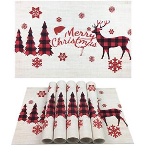 WAZAIGUR Place Mats for Kitchen/Dinner Table,Christmas Placemats,Reindeer Snowflake Christmas Trees Washable Easy to Clean Heat-Resistant Non Slip PVC Woven Vinyl Placemats(Set of 6,Red and White)