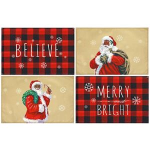 4 Pieces Black Santa Christmas Placemats Set, 12 x 18 Inch Black Red Buffalo Plaid Table Mats for Dining Tables Non Slip Christmas Table Decorations Heat Resistant Linen Check Placemats Home