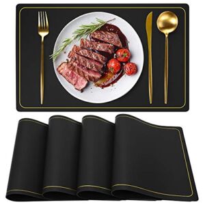 Black Faux Leather Placemats Set of 4, Waterproof Wipeable Washable Indoor Placemats for Dining Table Home Kitchen Dinner, Elegant Rectangle Placemats, Easy Clean Table Mats Set of 4 by WEHVKEI