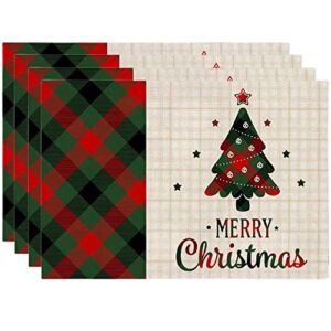 OneUstar Merry Christmas Placemats Set of 4 Washable Linen Xmas Tree Table Mats Set Plaid Place Mats Set for Christmas Decorations, 12×18 inch