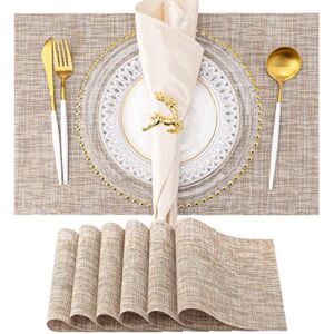 HGMO Placemats Set of 6 Washable Indoor/Outdoor Vinyl Place Mats for Dining Table Durable PVC Weave Table Mats(Caramel)