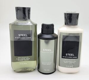 Bath & Body Works – Steel – For Men – 3 pc Bundle – 3-in-1 Hair, Face & Body Wash, Deodorizing Body Spray and Body Lotion