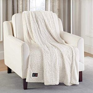Brookstone Luxurious Electric Heated Throw 4-Heat Settings Easy One Touch Built-in Remote (Ivory)