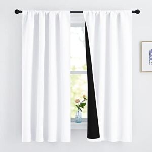 NICETOWN White 100% Blackout Lined Curtains, 2 Thick Layers Completely Blackout Rod Pocket Thermal Insulated Drapes for Kitchen/Bedroom (1 Pair, 42 inches Width x 63 inches Length Each Panel)