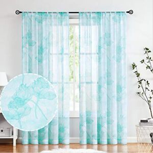 Treatmentex Lotus Aqua-Blue White Sheer Curtains for Bedroom Floral Botanical Semi Sheers Living Room 84inches Chiffon Window Drapes for Studio Office Rod Pocket 2 Pack
