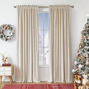 Lazzzy Beige Velvet Curtains Thermal Insulated Curtains 96 Inch Long Room Darkening Heavy Duty Soft Luxury Cream Velvet Curtains Drapes for Bedroom Window Treatment 2 Panels Rod Pocket Beige