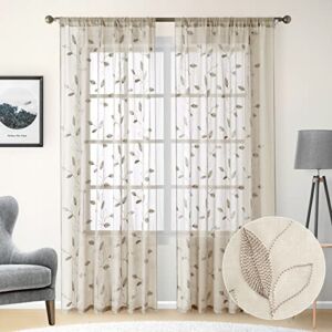 HOMEIDEAS Taupe Sheer Curtains 52 X 84 Inches Long 2 Panels Beige Embroidered Leaf Pattern Pocket Faux Linen Floral Semi Sheer Voile Window Curtains/Drapes for Bedroom Living Room