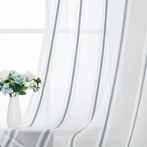 WEST LAKE Pinstripes Sheer Curtain Drapes White and Blue Stripe Pattern Heavy Semi Sheer Window Treatment Sets Grommets Top for Bedroom, Living Room, 52”x84”, 2 Panels