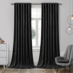 HOMEIDEAS Black Velvet Blackout Curtains 96 Inches Long, 2 Panels Soft and Thick Room Darkening Curtains/Drapes, Thermal Insulated Pocket Back Tab Window Curtains for Living Room