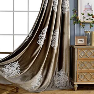 VOGOL 2 Panels European Floral Embroidered Curtains, Blackout Velvet Drapes Grommet Drapery for Theater Bedroom Living Room, 52 by 63 Inch, Chocolate Brown