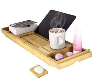 BROOKSTONE, Over the Tub Bamboo Bath Caddy with Wine Holder, Bath Tray with Tablet, Phone, and Book Stand, Separate Soap Holder, Expandable up to 43 inches