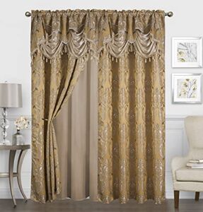 Traditional Jacquard Curtain Drape Set (2 Panels) 84 Inch Long, Includes attached Valance, Sheer Backing, 2 Tassels, Damask Floral Pattern Drape for Living and dining rooms, 647-84, Gold