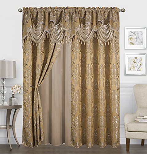 Traditional Jacquard Curtain Drape Set (2 Panels) 84 Inch Long, Includes attached Valance, Sheer Backing, 2 Tassels, Damask Floral Pattern Drape for Living and dining rooms, 647-84, Gold | The Storepaperoomates Retail Market - Fast Affordable Shopping