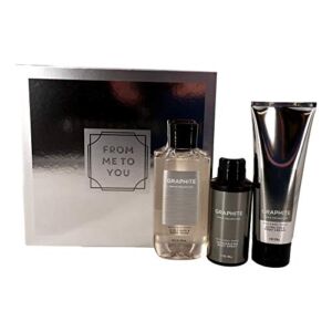 Bath and Body Works GRAPHITE FOR MEN Gift Box Set” For Me To You” – 2-in-1 Hair + Body Wash, Ultra Shea Body Cream and Deodorizing Body Spray arranged in an easel-style gift box with a ribbon.