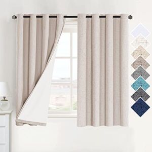 100% Blackout Curtains Textured Linen Curtains for Bedroom Energy Saving Window Treatment Grommet Burlap Curtain Drapes Thermal Insulated White Liner, 2 Panels, 52 x 63 Inch, Natural